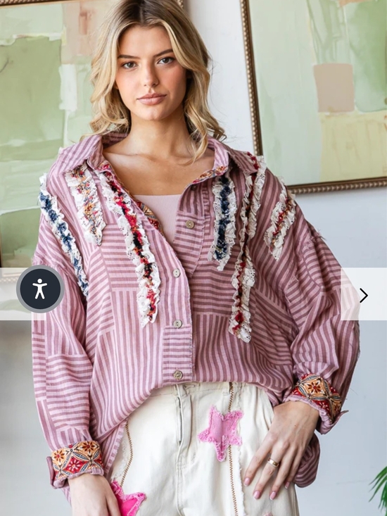 Oli & Hali Tops - Oli & Hali Striped Pink , Berry Lace Embellished Button-Up Shirt